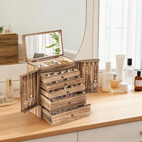 Emfogo Wooden Jewelry Box for Women, 6-Tier Large Jewelry Organizer Boxes with Mirror Rustic Solid Wood jewlery Storage Display for Rings Earrings Necklaces Bracelets watches(Carbonized Black) in Saudi Arabia