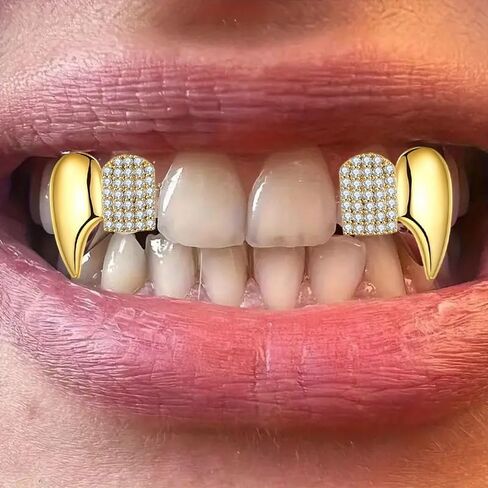الهيب هوب مصاص دماء الأنياب 2 حزمة 18 كيلو مطلية بالذهب Grillz للرجال والنساء هالوين زي حزب مجوهرات الأسنان اكسسوارات in Kuwait