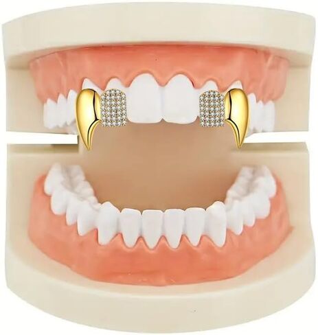 الهيب هوب مصاص دماء الأنياب 2 حزمة 18 كيلو مطلية بالذهب Grillz للرجال والنساء هالوين زي حزب مجوهرات الأسنان اكسسوارات in Kuwait