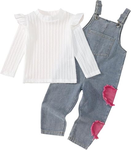 Girl Fall Outfits Flying Sleeve T-shirt+Suspender Denim Overalls 2PC Winter Clothes Set 3-8 Years in Saudi Arabia