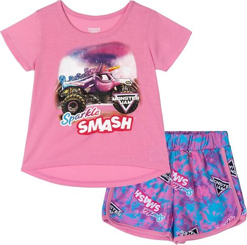 Monster Jam Girls T-Shirt and French Terry Dolphin Shorts Outfit Set Toddler to Big Kid Sparkle Smash in Saudi Arabia