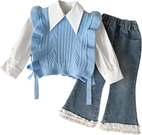 2-10T Toddler Girl 3 Piece Set Long Sleeve Shirt with Lace Bow Knitted Vest & Denim Jeans Girls Clothing Sets Fall Clothes in Saudi Arabia
