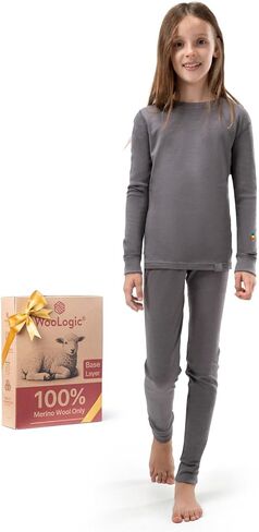 100% Merino Wool Girls Base Layer Set Midweight Thermal Underwear Top Bottom Fleece Lined Thick Warm Skiing in Saudi Arabia