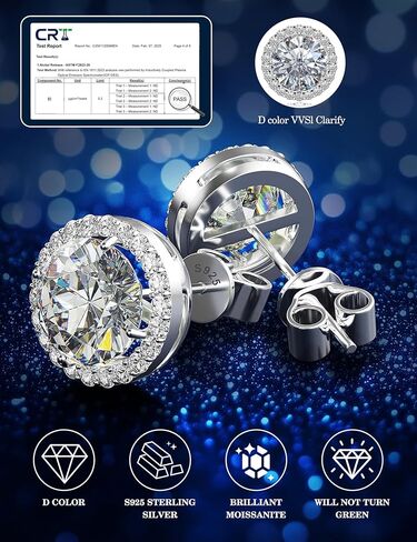 أقراط هالة مويسانيتي: 1CT-4CT 18K مطلية بالذهب الأبيض S925 أقراط من الفضة الاسترليني للنساء والرجال لا تسبب الحساسية مجوهرات مويسانيتي أنيقة للأذن الحساسة D اللون قطع دائري VVS1 in Kuwait