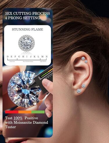 أقراط هالة مويسانيتي: 1CT-4CT 18K مطلية بالذهب الأبيض S925 أقراط من الفضة الاسترليني للنساء والرجال لا تسبب الحساسية مجوهرات مويسانيتي أنيقة للأذن الحساسة D اللون قطع دائري VVS1 in Kuwait