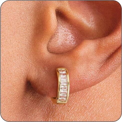 Hoop Earrings for Men | 14K Gold Plated Cartilage Huggie Earrings, Hypoallergenic Lightweight CZ Inlaid for Sensitive Ears in Saudi Arabia