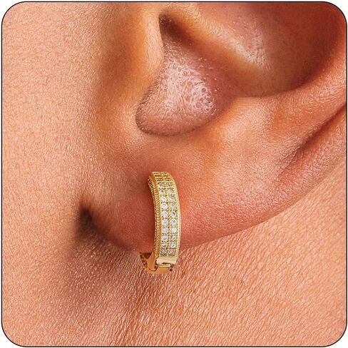 Hoop Earrings for Men | 14K Gold Plated Cartilage Huggie Earrings, Hypoallergenic Lightweight CZ Inlaid for Sensitive Ears in Saudi Arabia