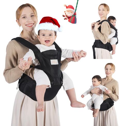 حاملة الأطفال، حاملة الأطفال 6 في 1 من حديثي الولادة إلى الأطفال الصغار، حاملة الأطفال الأمامية والخلفية مقاس واحد يناسب الجميع، قابلة للتعديل مع مقعد الورك لحديثي الولادة والرضع والأطفال الصغار، أسود in Kuwait