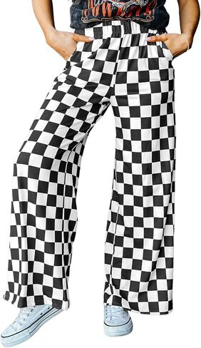 Acelitt Womens Casual Checkered Pants Elastic Waist Comfy Loose Wide Leg Pants with Pockets in Saudi Arabia