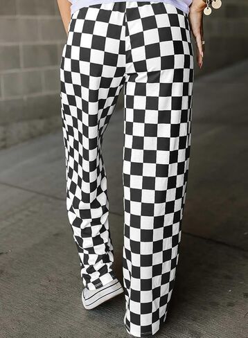 Acelitt Womens Casual Checkered Pants Elastic Waist Comfy Loose Wide Leg Pants with Pockets in Saudi Arabia