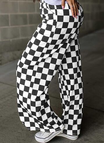 Acelitt Womens Casual Checkered Pants Elastic Waist Comfy Loose Wide Leg Pants with Pockets in Saudi Arabia