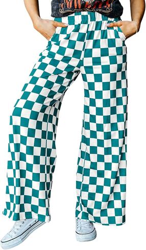 Acelitt Womens Casual Checkered Pants Elastic Waist Comfy Loose Wide Leg Pants with Pockets in Saudi Arabia