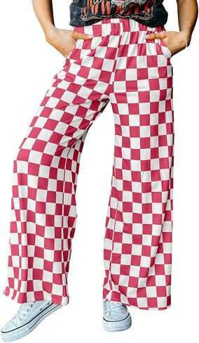 Acelitt Womens Casual Checkered Pants Elastic Waist Comfy Loose Wide Leg Pants with Pockets in Saudi Arabia