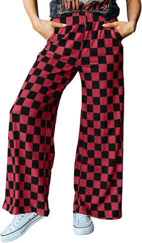 Acelitt Womens Casual Checkered Pants Elastic Waist Comfy Loose Wide Leg Pants with Pockets in Saudi Arabia
