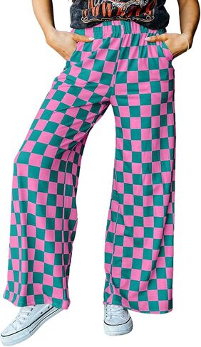 Acelitt Womens Casual Checkered Pants Elastic Waist Comfy Loose Wide Leg Pants with Pockets in Saudi Arabia