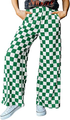 Acelitt Womens Casual Checkered Pants Elastic Waist Comfy Loose Wide Leg Pants with Pockets in Saudi Arabia