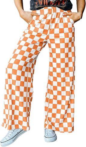 Acelitt Womens Casual Checkered Pants Elastic Waist Comfy Loose Wide Leg Pants with Pockets in Saudi Arabia