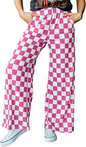 Acelitt Womens Casual Checkered Pants Elastic Waist Comfy Loose Wide Leg Pants with Pockets in Saudi Arabia