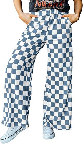 Acelitt Womens Casual Checkered Pants Elastic Waist Comfy Loose Wide Leg Pants with Pockets in Saudi Arabia