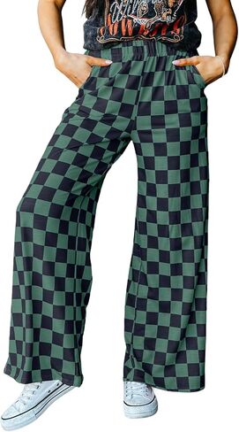 Acelitt Womens Casual Checkered Pants Elastic Waist Comfy Loose Wide Leg Pants with Pockets in Saudi Arabia