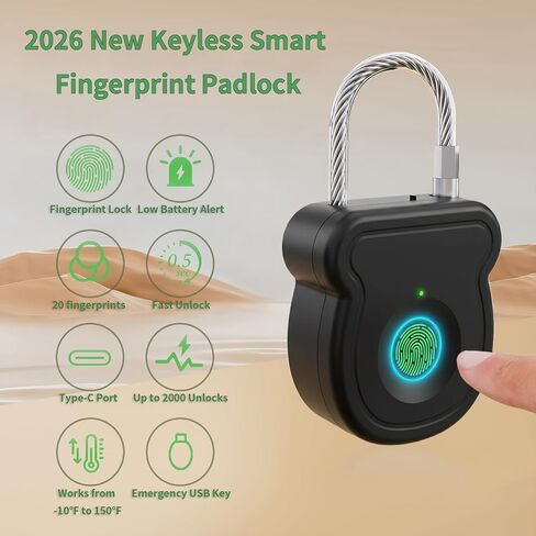2026 Upgrade Smart Fingerprint Padlock - Keyless Lock with High-Resolution Sensor, 0.5s Unlock, 365-Day Battery, USB Emergency Key for Gym Lockers, Luggage, Backpacks & Gates(Black) in Saudi Arabia