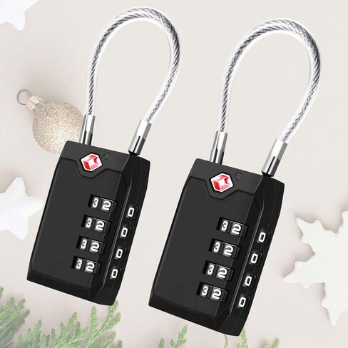 2 Pack Approved Travel Luggage Locks, 4-Digit Cable Combination Suitcase Lock, Metal Alloy Padlocks, Weatherproof Padlock for Locker, Bag, Gun Case, Backpack, Anti Theft, Easy Read Dials-Black in Saudi Arabia