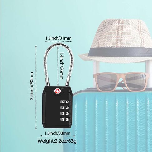 2 Pack Approved Travel Luggage Locks, 4-Digit Cable Combination Suitcase Lock, Metal Alloy Padlocks, Weatherproof Padlock for Locker, Bag, Gun Case, Backpack, Anti Theft, Easy Read Dials-Black in Saudi Arabia