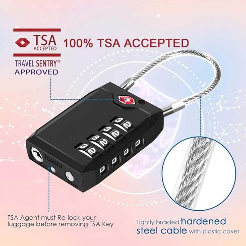 2 Pack Approved Travel Luggage Locks, 4-Digit Cable Combination Suitcase Lock, Metal Alloy Padlocks, Weatherproof Padlock for Locker, Bag, Gun Case, Backpack, Anti Theft, Easy Read Dials-Black in Saudi Arabia