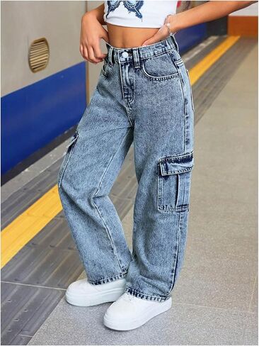 SweatyRocks Girl's Baggy Jeans Elastic High Waisted Straight Denim Pants with Pockets in Saudi Arabia