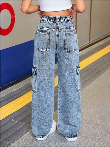 SweatyRocks Girl's Baggy Jeans Elastic High Waisted Straight Denim Pants with Pockets in Saudi Arabia