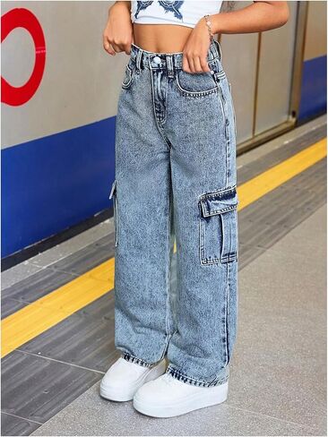SweatyRocks Girl's Baggy Jeans Elastic High Waisted Straight Denim Pants with Pockets in Saudi Arabia