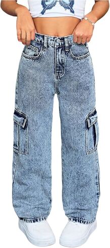 SweatyRocks Girl's Baggy Jeans Elastic High Waisted Straight Denim Pants with Pockets in Saudi Arabia