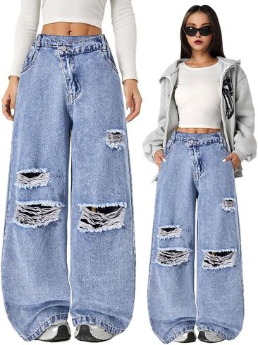 Nivne Tco Tween Girls Jeans Street Style Casual All-Match Ripped Frayed Loose Zipper Fly Washed Blue Denim Pants in Saudi Arabia
