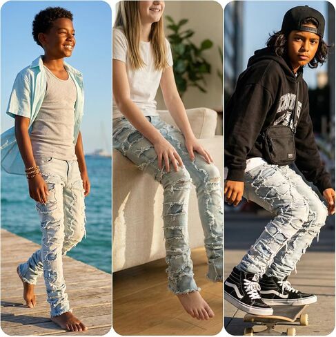 Ripped Jeans for Boys Girls Y2K Patch Distressed Destroyed Denim Trousers Streetwear Stacked Pants 7-14Y in Saudi Arabia