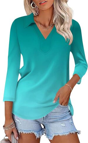 LOMON 3/4 Length Sleeve Womens Tops 2026 Spring Summer Collared Polo Shirts V Neck Casual Basic Polos Tees Shirt in Saudi Arabia