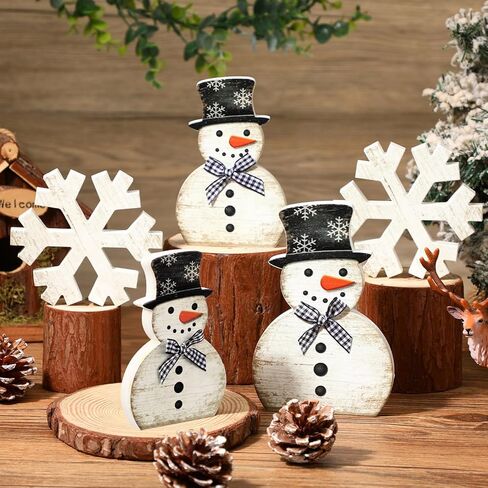 Yousoontic 5 Pcs Winter Table Decor Wooden Snowman Black and White Snowman Snowflake Tiered Tray Decor Christmas Table Centerpiece Snowflake Signs Winter Decorations for Home Kitchen Office in Saudi Arabia