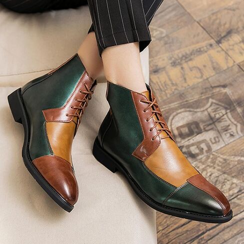 Men's Leather High Top Dress Ankle Boots,Vintage Colorblock Cap Toe Non-Slip Lace-Up Oxford Business Casual Bootie in Saudi Arabia