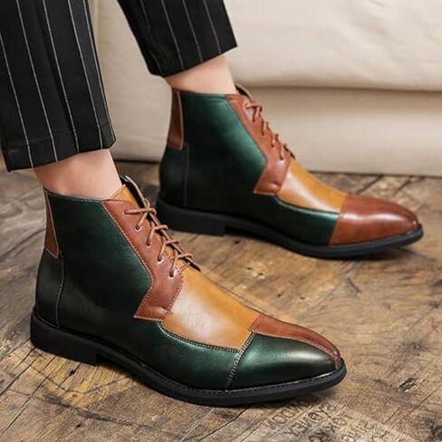 Men's Leather High Top Dress Ankle Boots,Vintage Colorblock Cap Toe Non-Slip Lace-Up Oxford Business Casual Bootie in Saudi Arabia