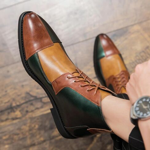 Men's Leather High Top Dress Ankle Boots,Vintage Colorblock Cap Toe Non-Slip Lace-Up Oxford Business Casual Bootie in Saudi Arabia