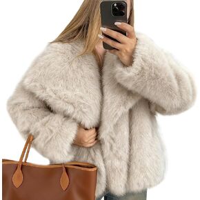 Womens Cropped Fluffy Faux Fur Coat Open Front Long Sleeve Furry Jacket with Pockets in Saudi Arabia