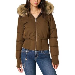Womens Faux Fur Trim Hooded Jacket Winter Warm Quilted Puffer Bomber Padded Coat Utility Zipper Cropped Outwear in Saudi Arabia