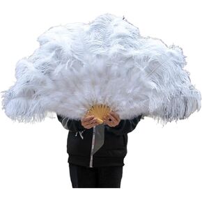 Feather Fan,90cm Ostrich Feather Fan,Hand Crafts Fan with Feather for Dancer Stage Performances,Folding Ostrich Feathers Fan(White,Right Hand) in Saudi Arabia
