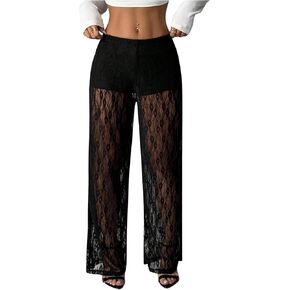 MakeMeChic Women's Y2k Floral Lace Wide Leg Pants Sheer Low Rise Party Club Trousers in Saudi Arabia