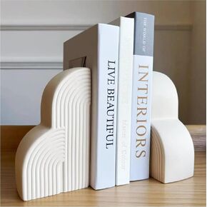 Concrete Bookends Decorative for Heavy Books - Aesthetic Boho Style Set of 2, White Decorative Bookends for Shelves, Office Boho Decor, Home Decor, or Library Decor (Cream White) in Saudi Arabia