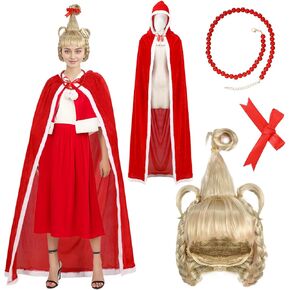 4Pcs Christmas Red Robe Hooded Cloak Wig Necklace Bow Christmas Mrs Santa Claus Velvet Cape Costume Adults Kids in Saudi Arabia