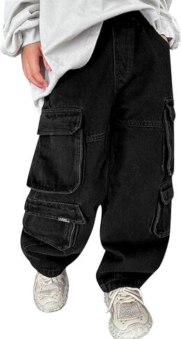 Rolanko Boys Baggy Cargo Jeans, Elastic Waist Wide Leg Y2k Hip Hop Denim Pants Kids Loose Fit Trousers Streetwear in Saudi Arabia