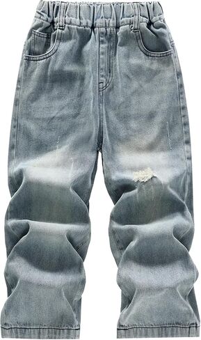 بنطال جينز هاسكي ممزق للأولاد، سروال قابل للتمدد بخصر مطاطي للمدرسة واللعب in Kuwait