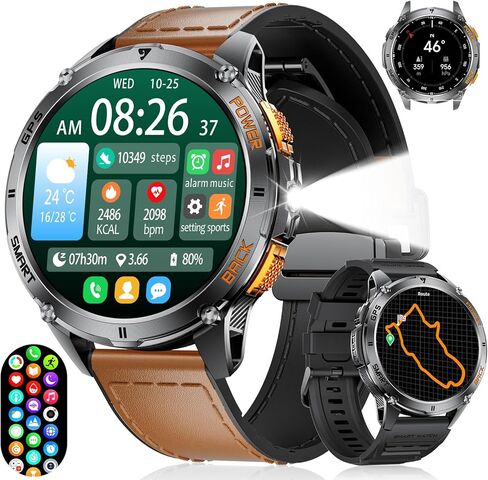Foxbox Smart Watch للرجال الذين يعانون من GPS ، مصباح LED ، بطارية كبيرة 530 مللي أمبير في الساعة ، و 1.43 '' AMOLED Military Smartwatch إجابة/إجراء مكالمة مع شاشة نوم SPO2 SPO2 لنظام Android IOS Silver in Kuwait