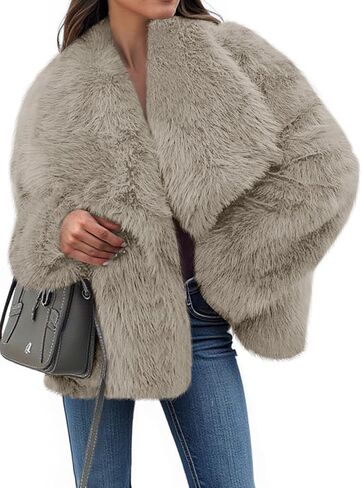 Tankaneo Womens Cropped Faux Fur Jackets Winter Long Sleeve Open Front Warm Shaggy Coats in Kuwait