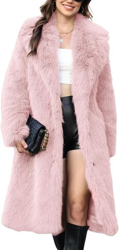 Gihuo Women' s Faux Fur Coat Lapel Collar Long Sleeve Furry Jacket Long Shaggy Jackets Open Front Warm Outerwear in Saudi Arabia